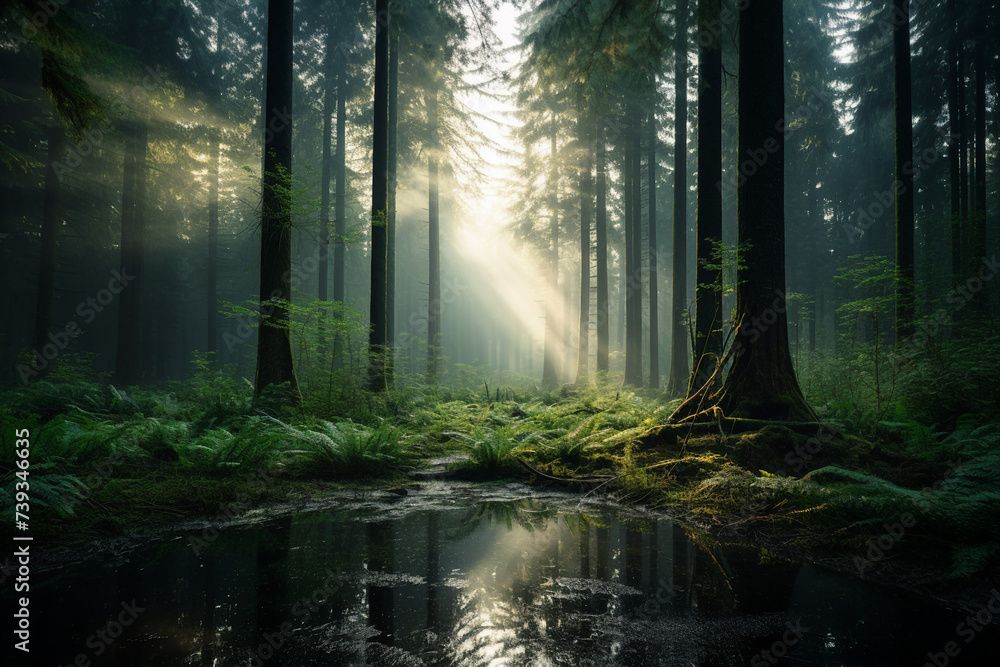 Sunlight in the morning green misty European forest made with generative AI