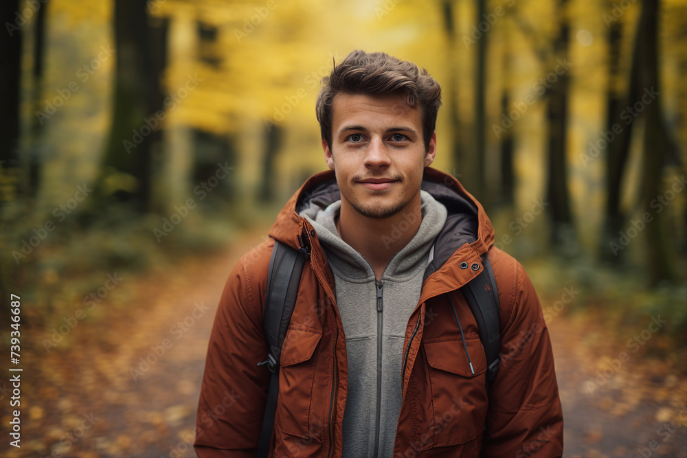 Portrait of nice guy young student walking in autumn park enjoying nature generative AI