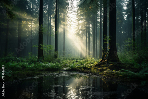 Sunlight in the morning green misty European forest made with generative AI © Tetiana