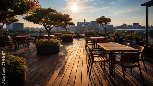 A modern rooftop café overlooking the city skyline, sleek and minimalistic design harmonizing with © ProVector