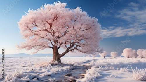 A serene winter landscape, a pristine snow-covered field under the soft glow of the morning sun, a s © ProVector