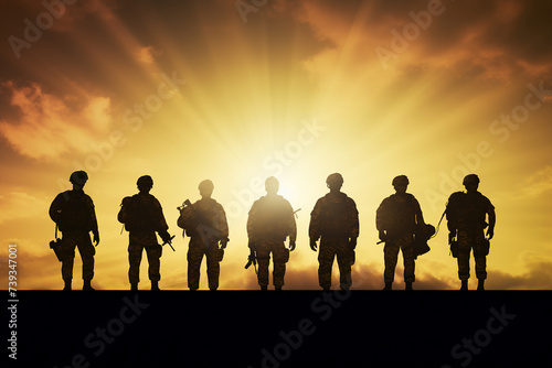 Armed and strong soldiers of special forces fighting against aggressors on sunset background made with generative AI