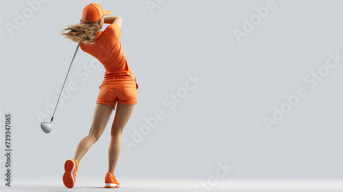 A woman cartoon golf player in orange jersey with a stick