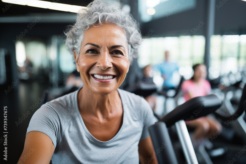 Elderly people pensioners working out in modern interior big spacious gym Generative AI illustration Elderly people pensioners working out in modern interior big spacious gym Generative AI illustration