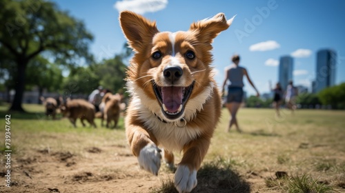 A playful dog in a city park, running joyfully with the skyline in the background, children and othe