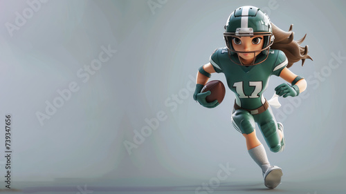 A woman cartoon american football player in green jersey isolated on gray