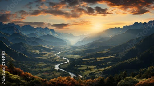 A majestic mountain range at sunrise, the peaks bathed in a warm golden light, the valleys still shr © ProVector