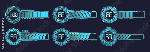 Vector Set Of Futuristic Loading Bars In Vibrant Blue Neon Colors, Pulsate With Energy, Symbolizing Progress, Speed