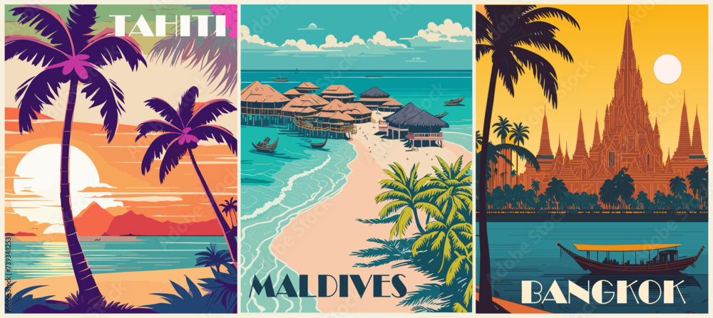 Obraz premium Set of Travel Destination Posters in retro style. Bangkok, Thailand, Maldives, Tahiti French Polinezia prints. Exotic summer vacation, holidays, tourism concept. Vintage vector colorful illustrations.