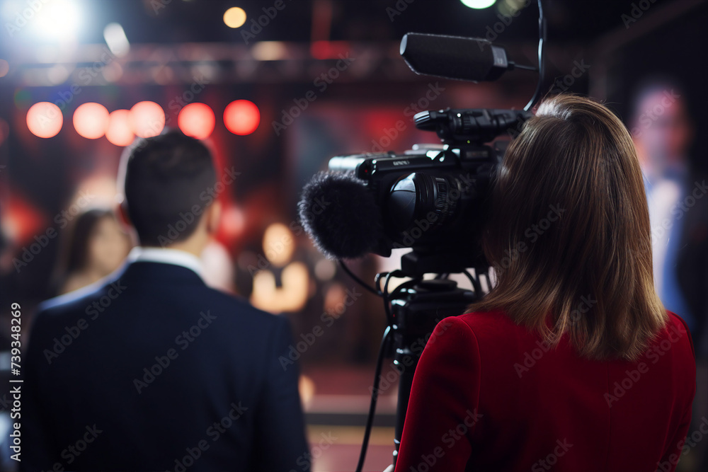 Digital generative ai image collage of operator journalist shooting for new reportage Digital generative ai image collage of operator journalist shooting for new reportage