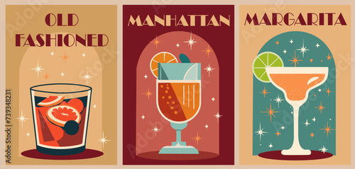 Cocktails retro poster set. Manhattan, Margarita, Old Fashioned. Collection of popular alcohol drinks. Vintage flat vector illustrations for bar, pub, restaurant decoration, kitchen wall art print. photo