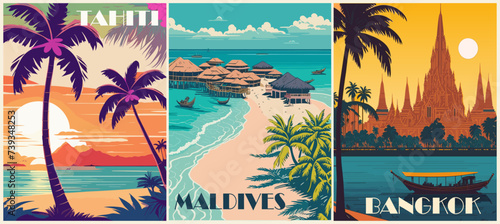 Set of Travel Destination Posters in retro style. Bangkok, Thailand, Maldives, Tahiti French Polinezia prints. Exotic summer vacation, holidays, tourism concept. Vintage vector colorful illustrations.