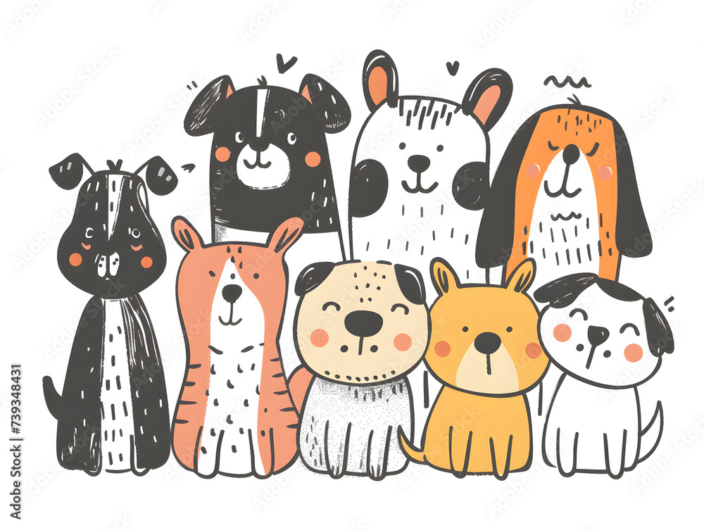 Obraz premium a group of dogs of different sizes on a white background in a cartoon style, made in the form of a hand-drawn design