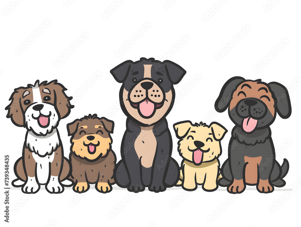 a group of happy dogs of different sizes on a white background in anime style made in the form of a hand-drawn drawing