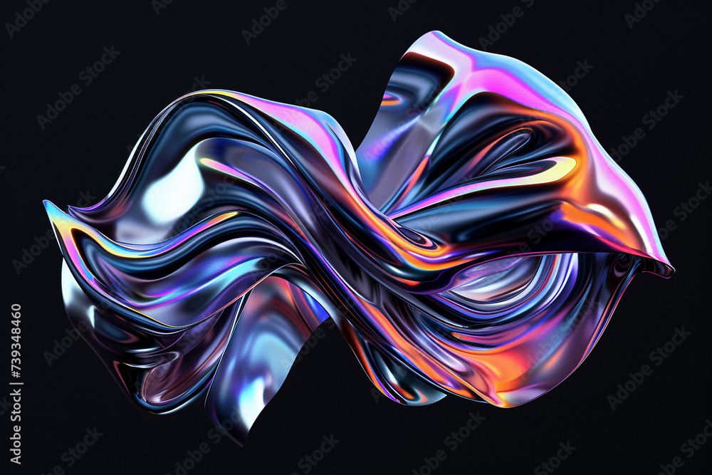 Futuristic abstract holographic shape floating on black background. Transparent glass texture on wavy figure.