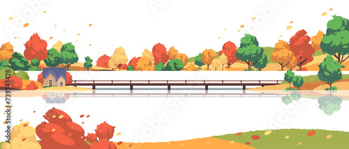 Landscape with colorful park, lake and bridge on white background. Simple flat nature illustration