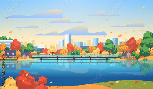 Landscape of modern city with park and lake. Asian business town flat vector illustration