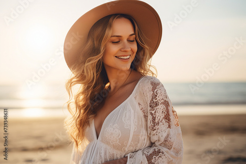 Portrait of gorgeous lovely happy pregnant girl walking seacoast sunny day outdoors generative AI photo