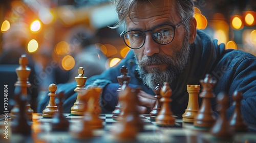 Portrait of a bearded senior man thinking about game strategy and competing in a chess tournament photo