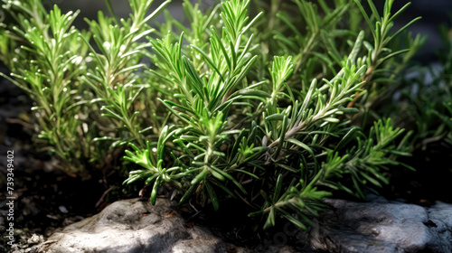 A close up detail captures the vibrant greenery of fresh rosemary herb, flourishing in a well tended garden, offering both culinary delight and aromatic charm.