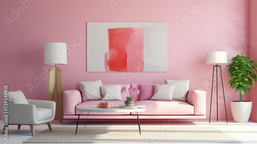 A modern living room with a neutral color palette  a vibrant pink accent wall  and minimalist furniture.