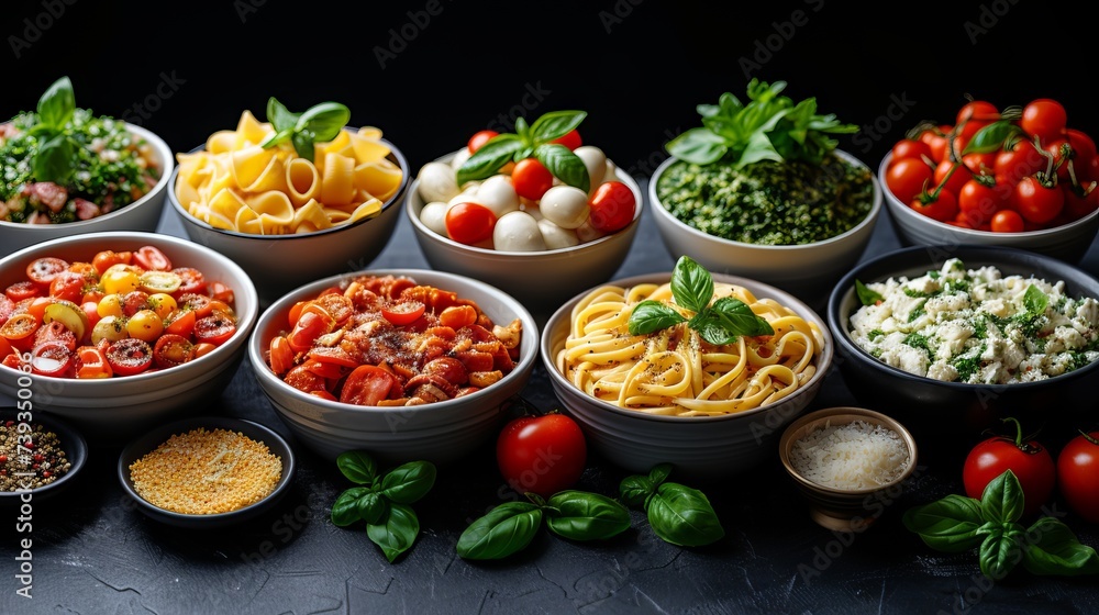 A variety of ingredients for an Italian menu of fresh tomatoes and basil, olives and cheese are located on a dark surface. Concept: food for gourmets and lovers of Mediterranean cuisine.