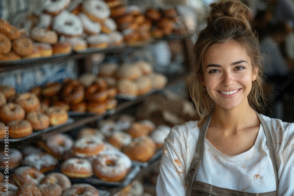 A joyful woman poses for the camera inside a bakery, her warm smile reflecting her love for delicious baked goods such as donuts, bagels, and other treats
