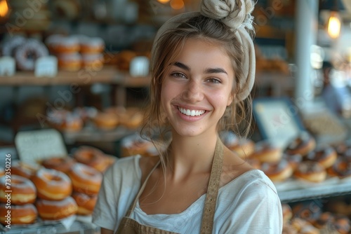 A content woman radiates joy while holding a delicious pastry in a cozy bakery, captivating the viewer with her warm smile and trendy clothing