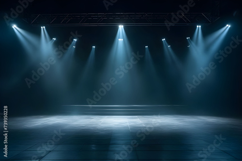 The stage for contemporary dance was illuminated with a spotlight and light backdrop during artistic performances.
