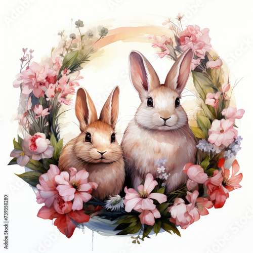watercolor Bunnies With Flower Wreaths clipart, Generative Ai © moondesigner