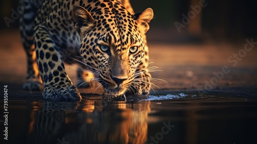 Leopard drinks water in aquatic animals on safari The image of a leopard using its mouth to create a small stream of water. In the safari landscape pictures It is a vivid and pleasing sight throughout photo