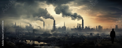 A person looking off into the distance at massive industrial pollution