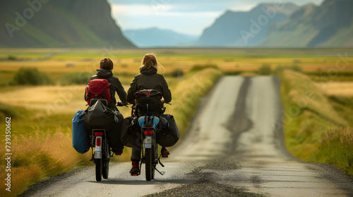 A couple embarking on a long-distance bicycle tour their bikes loaded with gear for the journey ahead symbolizing adventure and partnership. photo