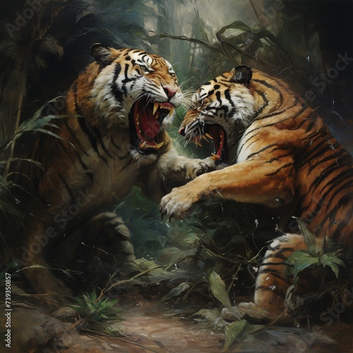 Tigers fighting  their powerful bodies clash in dance of dominance and survival. Each swipe of their claws sends tremors through the earth  while their roars echo through the jungle marking territory.