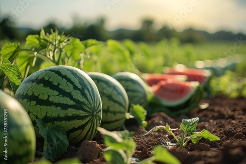 Ripe watermelons on the vine in a sunny agricultural field.