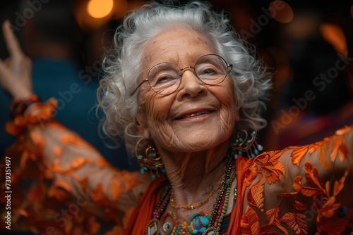 A vibrant senior woman exudes joy and wisdom as she proudly dons her colorful necklace, her white hair and glasses framing her kind and wrinkled face