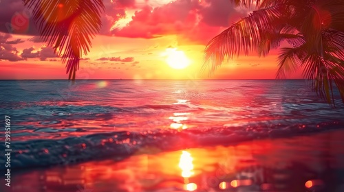 Abstract Defocused Summer Vacation Background with Blurred Sunset over the Sea and Silhouetted Palm Leaves. Made with Generative AI Technology