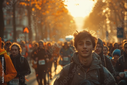 A bustling crowd of individuals, clad in jackets and standing under the orange glow of a sunset, make their way through the busy city street lined with trees photo
