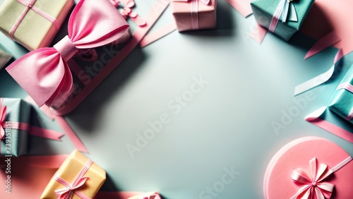 Pastel colors frame with free place for text made from a lot of gift boxes with big bows and candles photo