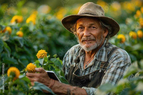 A stylish man wearing a sun hat holds a vibrant sunflower, basking in the warmth of the sun and exuding a sense of calm and connection with nature