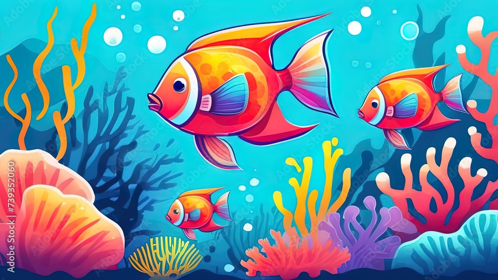 fish and coral reef. Underwater landscape with various water plants and swimming tropical fishes fish and coral reef. Underwater landscape with various water plants and swimming tropical fishes