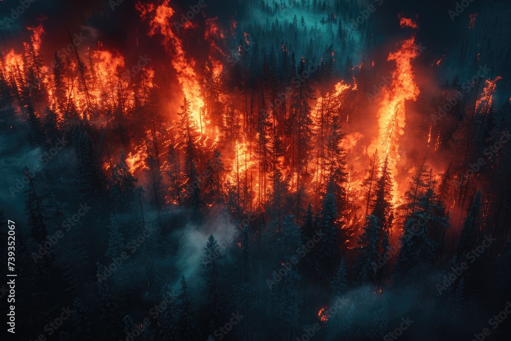 A blazing inferno rages through the lush forest, engulfing trees in a fiery explosion while billowing clouds of smoke rise like a volcanic eruption against the mountain backdrop