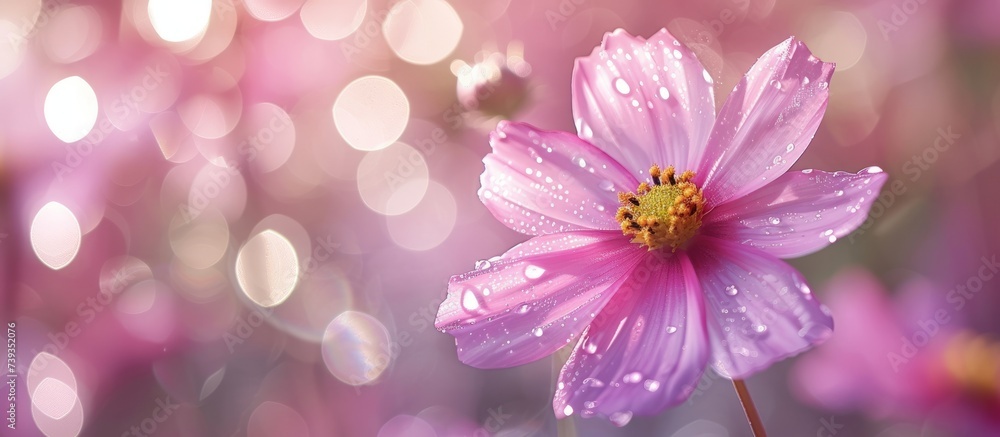Beautiful close-up of a delicate pink flower covered in glistening water droplets