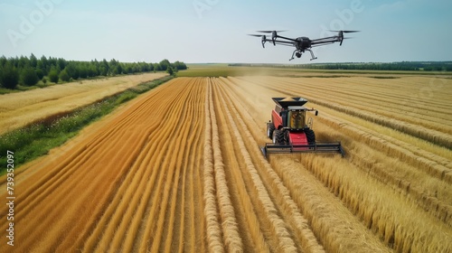 An unmanned harvester accompanied by a quadcopter harvests crops