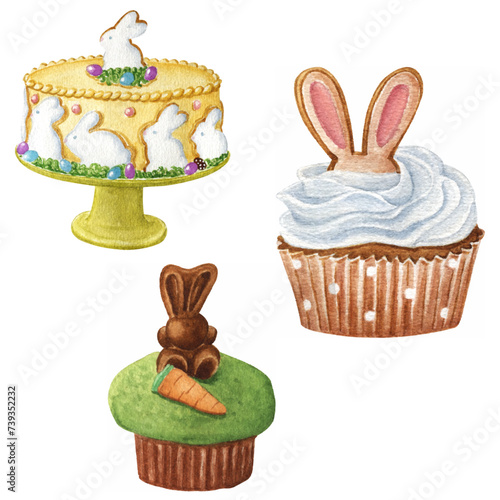 vector watercolor easter bunny cupcakes and cute cake