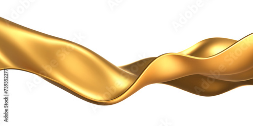 3d gold liquid wave, golden fluid silk ribbon isolated on light background. Render of luxury cloth or curtain with wavy folds and shiny gradient effect flying in motion. 3d vector motion background