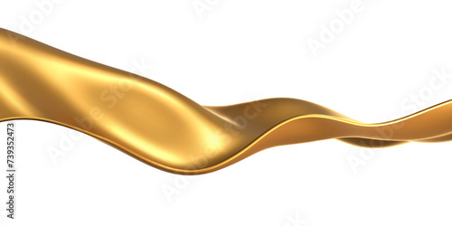 3d gold liquid wave, golden fluid silk ribbon isolated on light background. Render of luxury cloth or curtain with wavy folds and shiny gradient effect flying in motion. 3d vector motion background