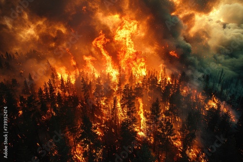 A raging wildfire engulfs the peaceful forest, filling the air with thick smoke and scorching heat, a destructive force of nature that leaves a trail of destruction in its wake