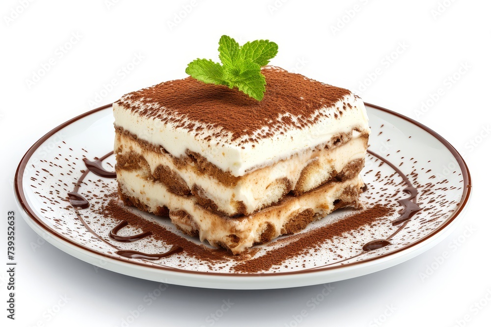 Traditional tiramisu dessert with cocoa powder and mint on a white plate. Traditional tiramisu dessert with cocoa powder and mint on a white plate.