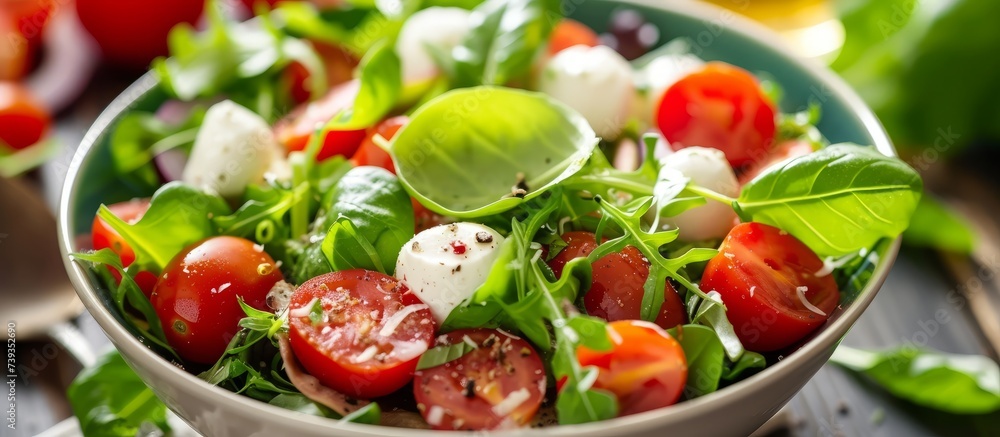 Fresh and healthy salad bowl with ripe red tomatoes and creamy mozzarella cheese Fresh and healthy salad bowl with ripe red tomatoes and creamy mozzarella cheese